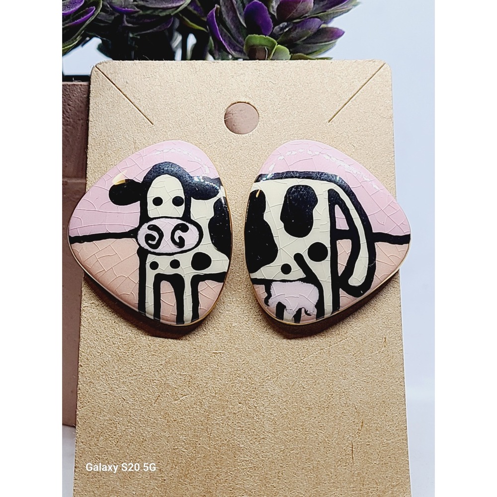 Vintage Whimsical Cow Ceramic Stud Earrings Pink Black White Farm core Kitsch